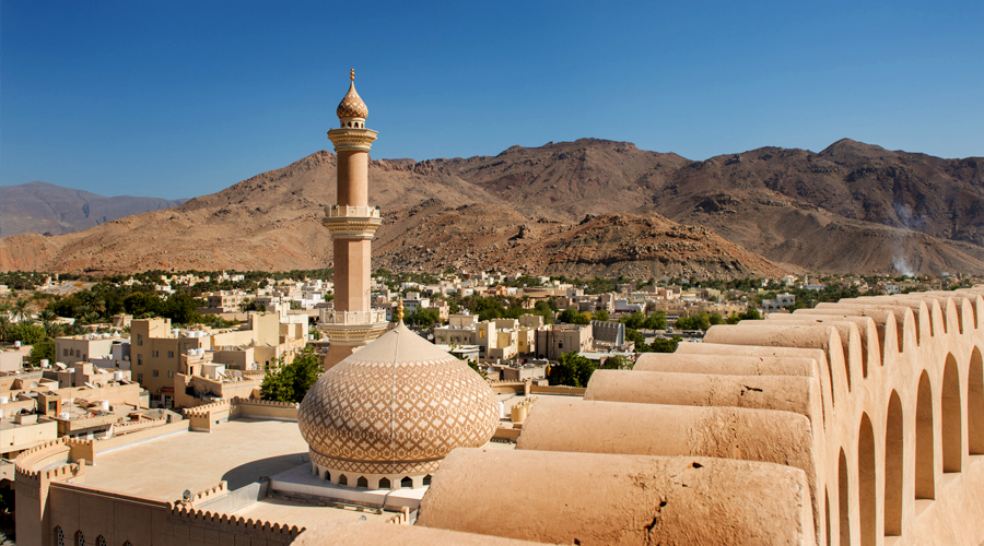 Nizwa Fort in Oman with a view above the city