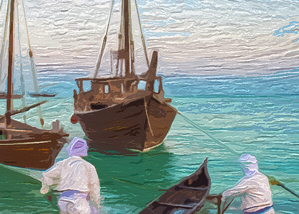 Two Qatari Sailor at the coast and two dhow boats in the sea
