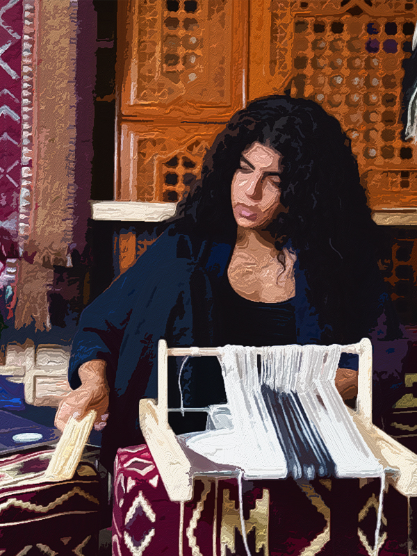 A young woman is weaving a sadu